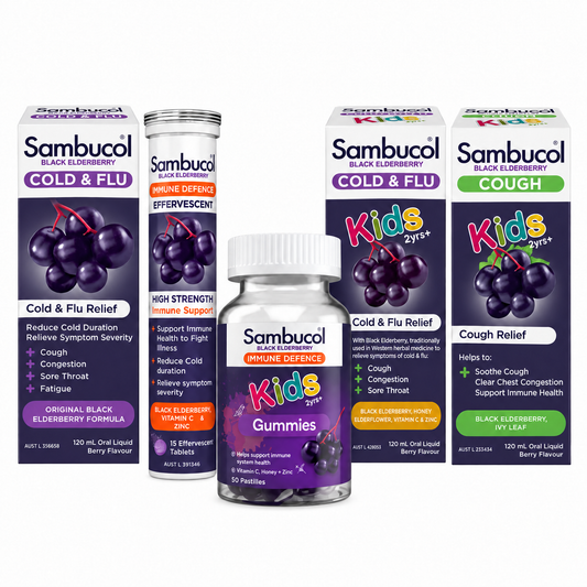 Sambucol Black Elderberry 黑接骨木莓系列｜成人／兒童・糖漿120 mL／發泡錠15錠／軟糖50粒／棒棒糖8入