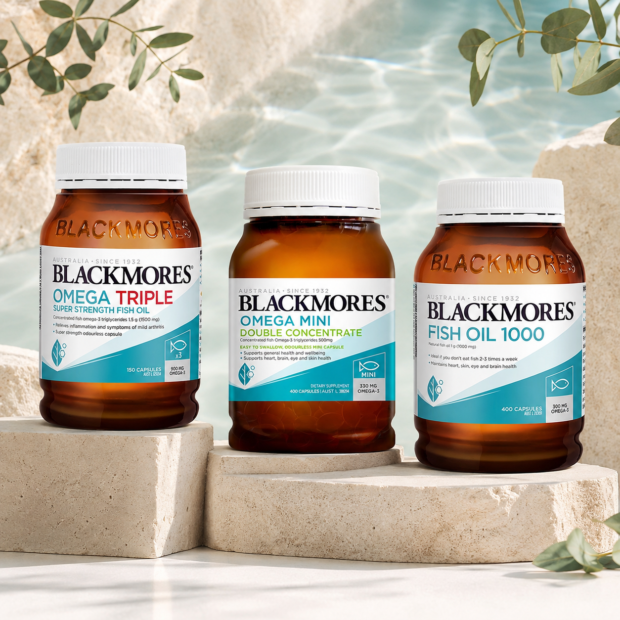 Blackmores Omega Triple 150粒、Omega Mini 400粒與 Fish Oil 1000 400粒三款魚油